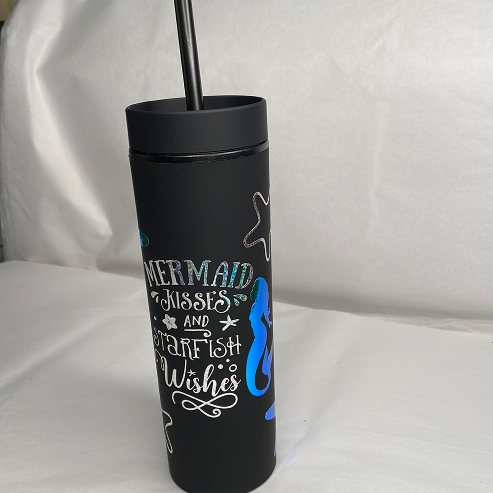 Skinny tumbler black with handmade‎ vinyl decals mermaid with starfish 16oz.